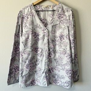 Soft Surroundings Finley Button Front Pajama Sleep Shirt Gray Purple Floral XL